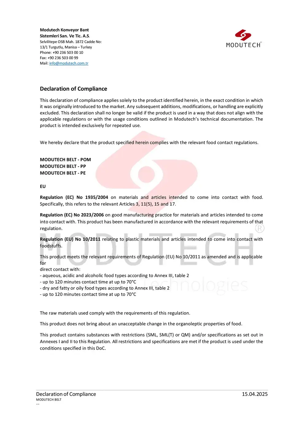 إقرار المطابقة لمتطلبات FDA وEU